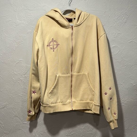 Beyond Lost NYC yellow Zip up hoodie pink metallic embroidered stars size XL - Picture 1 of 7